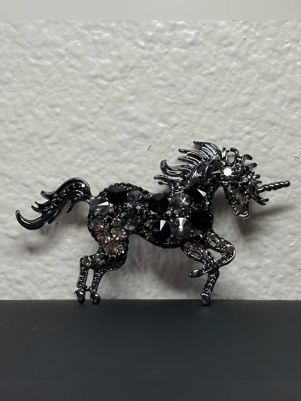 Black Gunmetal Rhinestone Unicorn Brooch/Pendant Crystal Prancing Horse